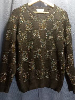 Women's Black Crewneck Sweater with Multicolor Sparkle 80's Made In U.S.A
